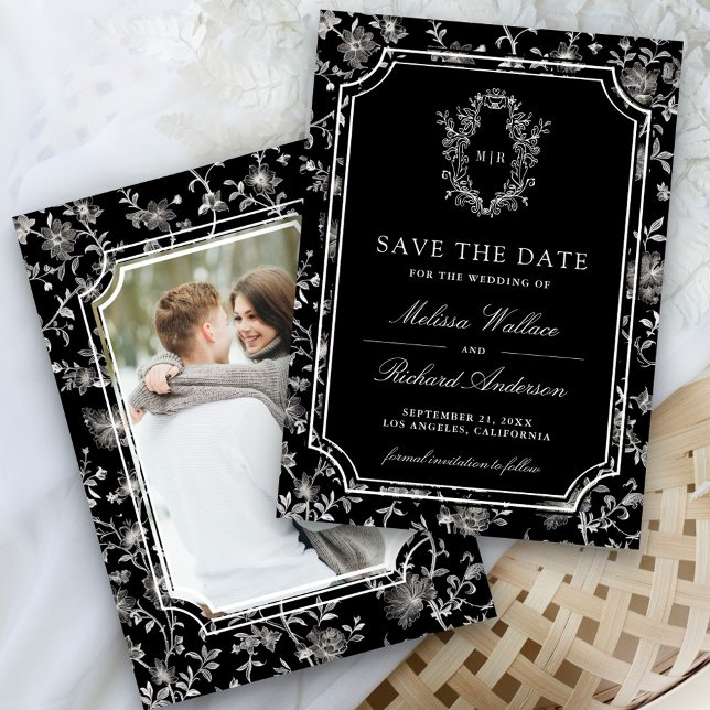 Black Chinoiserie Crest Photo Wedding Save The Date (Creator Uploaded)