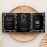 Black Chinoiserie Crest QR Code Wedding Tri-Fold Invitation<br><div class="desc">Amaze your guests with this elegant wedding invite featuring a beautiful victorian crest with intricate chinoiserie pattern and QR code for online RSVP. Simply add your event details on this easy-to-use template and adorn this card with your favourite photo to make it a one-of-a-kind invitation.</div>
