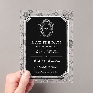 Black Chinoiserie Crest Wedding Save the Date Acrylic Invitations
