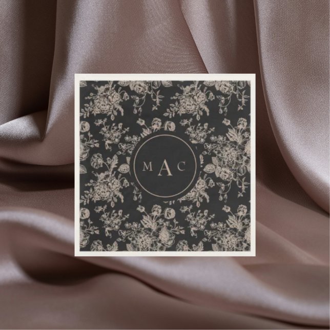 Black Chinoiserie Monogram Wedding Cocktail Napkin (Creator Uploaded)