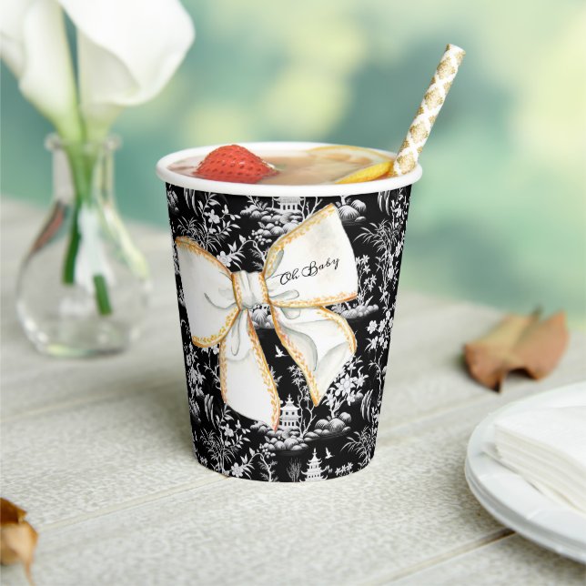 Black Chinoiserie w/ Bow Baby Shower Personalised Paper Cups (Insitu)
