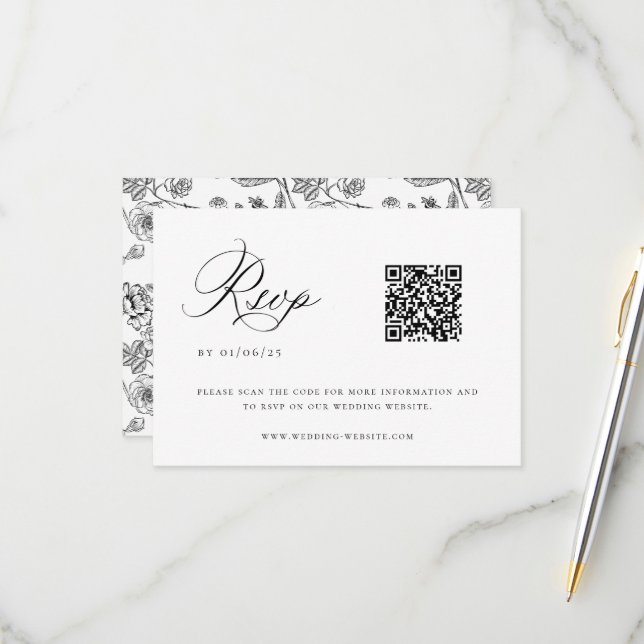 Black Chinoiserie Wedding QR Code RSVP Card (Front/Back In Situ)
