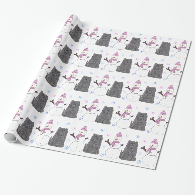 Black Chow Chow And Snowman Wrapping Paper (Unrolled)