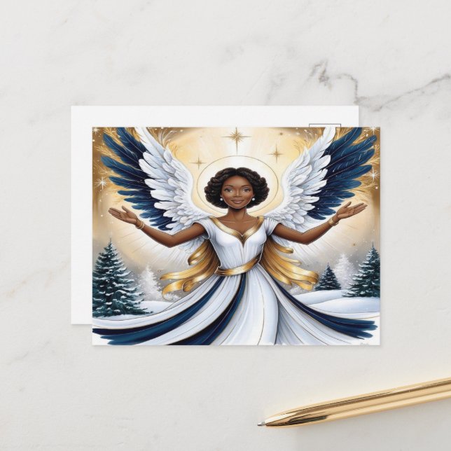 Black Christmas Angel in Blue and Gold Postcard (Front/Back In Situ)