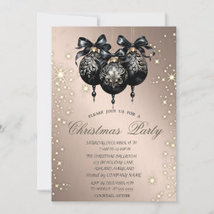Black Christmas Balls Rose Gold Christmas Party Invitation