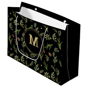Black Christmas botanical elegant modern family   Large Gift Bag