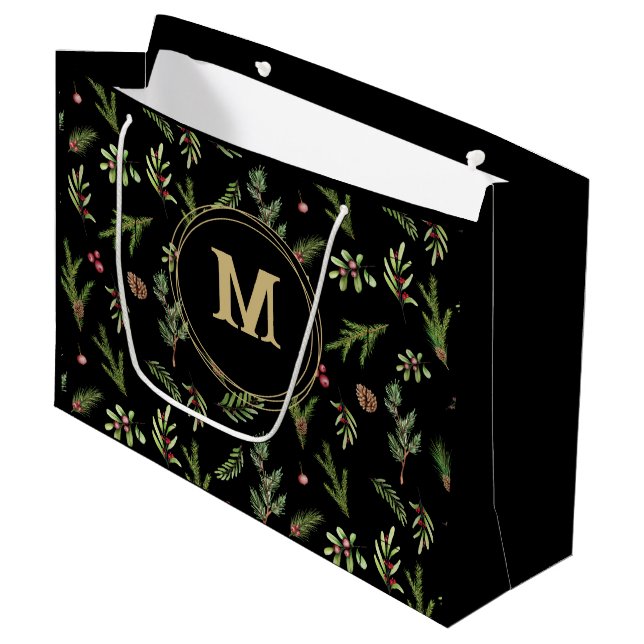 Black Christmas botanical elegant modern family   Large Gift Bag (Front Angled)