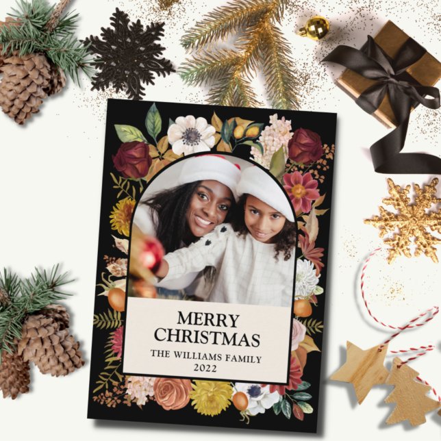 Black Christmas Botanical Floral One Photo Arch Holiday Card (Creator Uploaded)