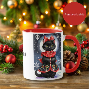 Black Christmas Cat in Holly Outfit Mug