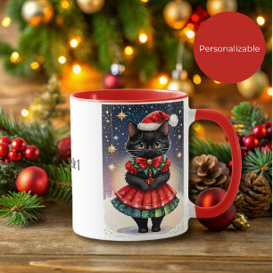Black Christmas Cat in Red and Green Skirt Mug