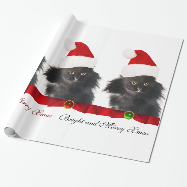 BLACK CHRISTMAS CAT,SANTA CLAUS HAT AND RED RIBBON WRAPPING PAPER (Unrolled)