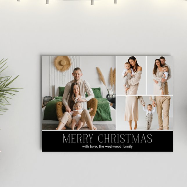 BLACK Christmas Elegant 4 Collage Photo message Holiday Card (Creator Uploaded)