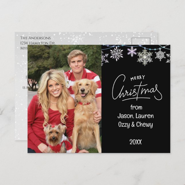Black Christmas Family Photo Pets Message Holiday Postcard (Front/Back)