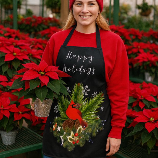 Black Christmas Holiday Greenery  Apron (Festive Red Cardinal bird Christmas / winter holiday apron for her)