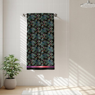 Black Christmas Holly and Ornaments Pattern Bath Towel