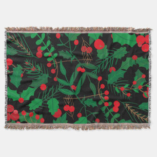 black christmas holly throw blanket