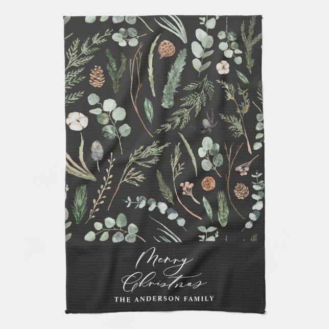 black Christmas minimal botanical Tea Towel (Vertical)