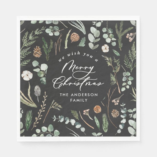 Black Christmas minimal elegant botanical photo Napkin (Front)