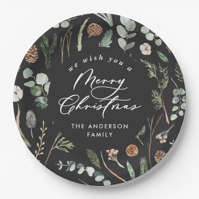Black Christmas minimal elegant botanical photo Paper Plate (Front)