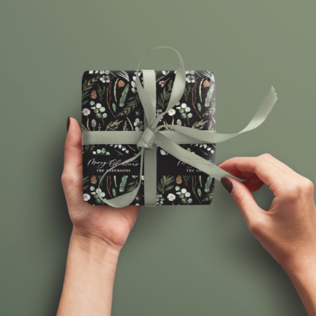 Black Christmas modern minimal botanical gift Wrapping Paper (Creator Uploaded)