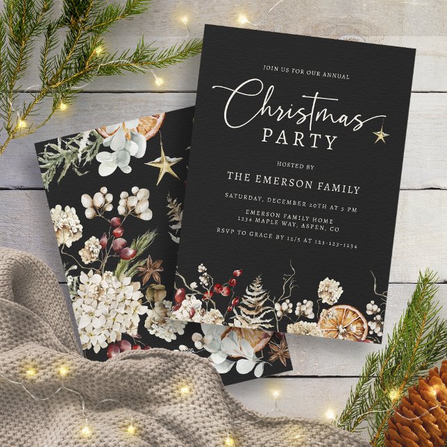 Black Christmas Party Invitation (Black Rustic Boho Christmas Party Invitation by Painted Paperie
)