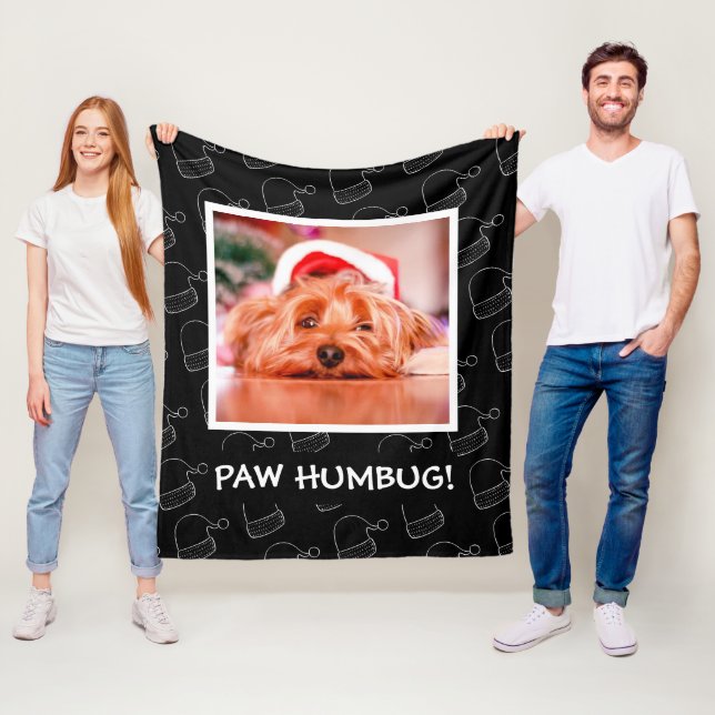Black Christmas Pet Photo Paw Humbug Fleece Blanket (In Situ)