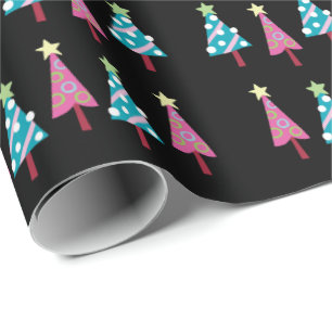  Black Christmas Pink & Blue Trees Wrapping Paper