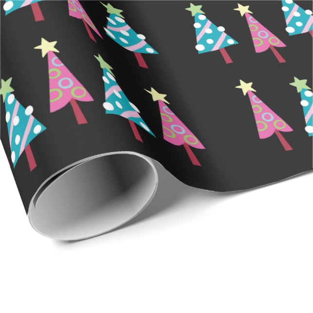  Black Christmas Pink & Blue Trees Wrapping Paper (Roll Corner)