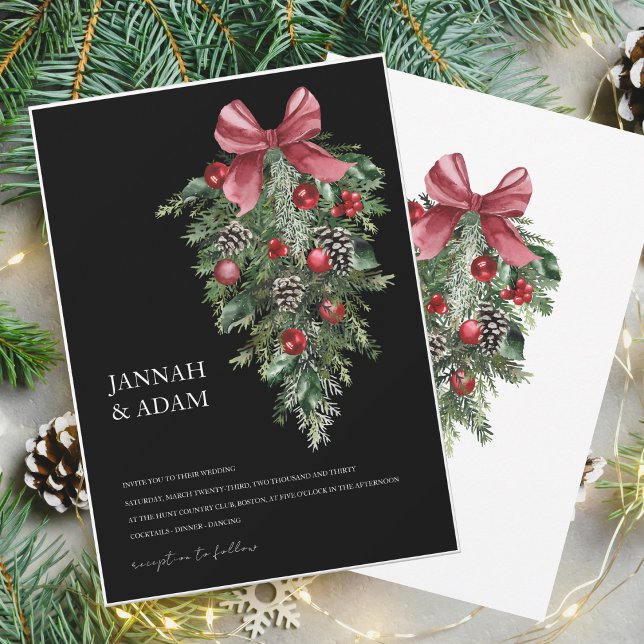 Black Christmas Red Green Winter Festive Wedding Invitation (Creator Uploaded)