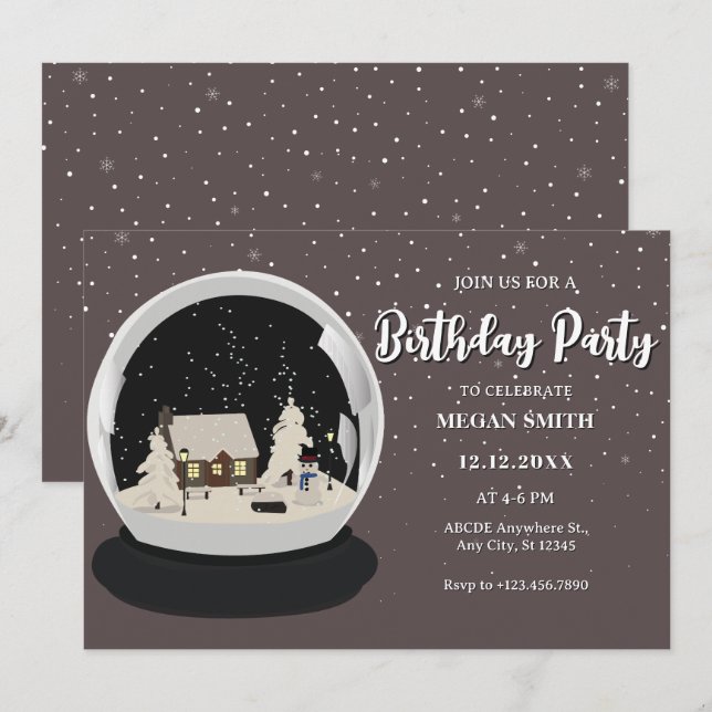 Black Christmas Snow globe Winter Birthday Invitation (Front/Back)
