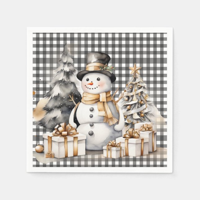 Black christmas snowman winter design napkin (Front)