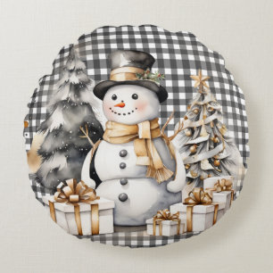 Black christmas snowman winter design round cushion