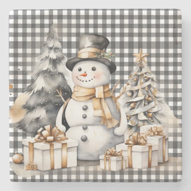 Black christmas snowman winter design stone coaster (Front)
