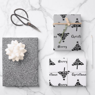 Black Christmas Tree Faux Silver Glitter Holiday Wrapping Paper Sheet