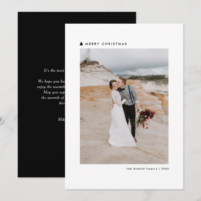 Black Christmas Tree Modern Merry Christmas Photo Holiday Card (Front/Back)