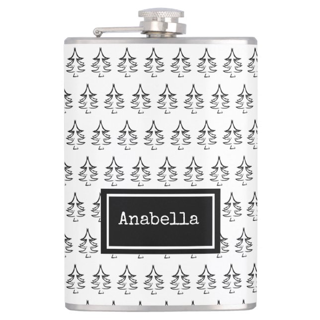 Black Christmas Tree Personalised Hip Flask (Front)