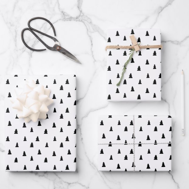 Black Christmas Tree Scandinavian Pattern Wrapping Paper Sheet (Front)