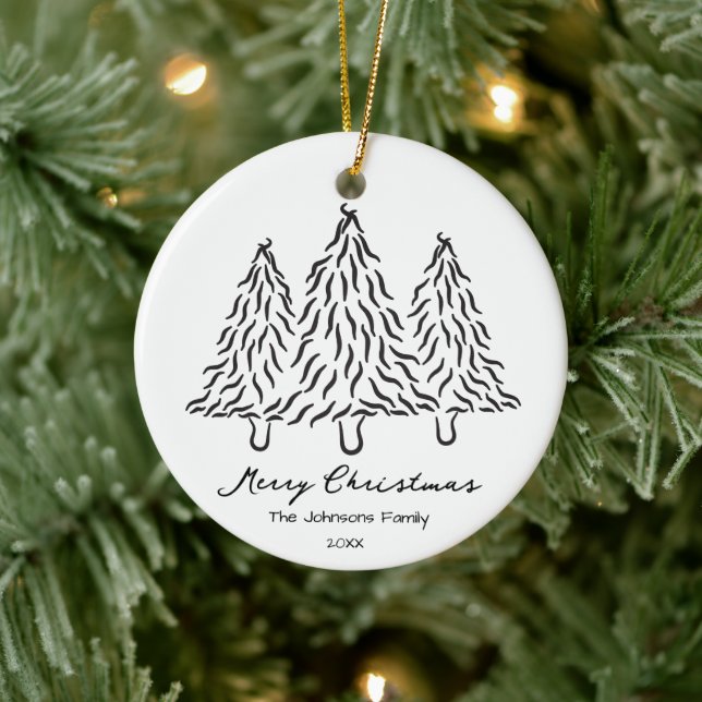 Black Christmas Trees Doodles 1 Photo Merry Joyful Ceramic Ornament (Tree)