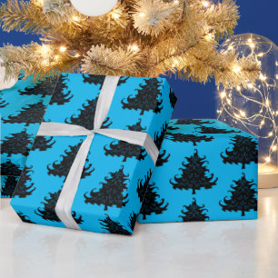 Black Christmas Trees Pattern Blue Wrapping Paper