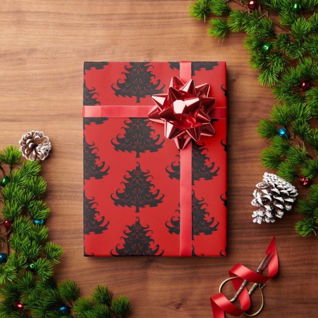 Black Christmas Trees Pattern Red Wrapping Paper (Holiday Gift)