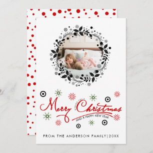 Black Christmas wreath, script typography photo Holiday Card
