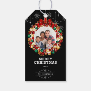 Black Christmas Wreath & Snowflake Photo Gift Tags
