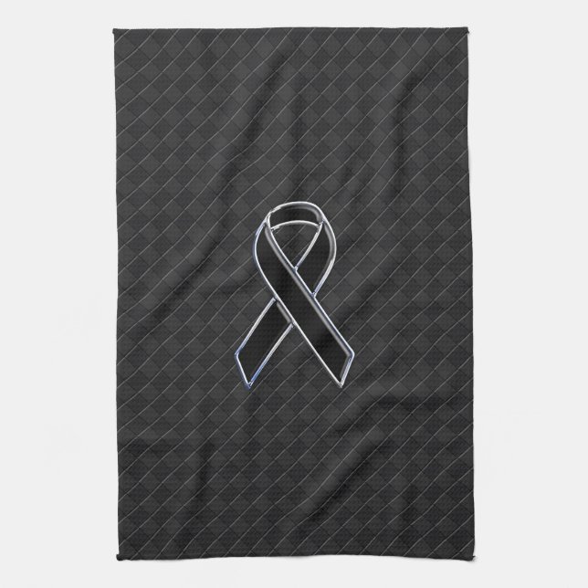 Black Chrome Style Ribbon Awareness Tea Towel (Vertical)