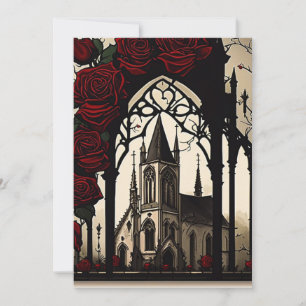 Black Church With Red Roses Gothic Wedding Invitation