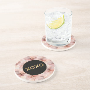 Black Circle Blush Pink Floral Gold Glitter XOXO Coaster