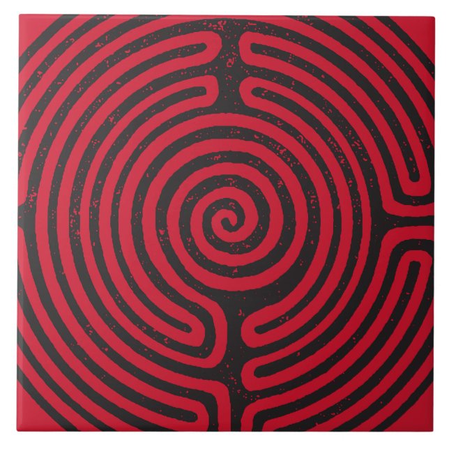 Black Circle Labyrinth (Red) Fine Art Ceramic Tile (Front)