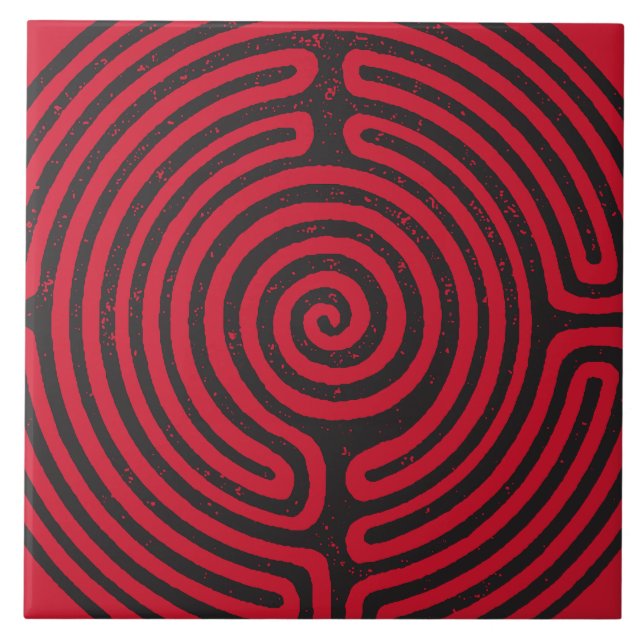 Black Circle Labyrinth (Red) Fine Art Ceramic Tile (Front)