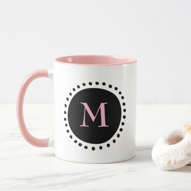 Black Circle Monogram Pink Two Tone  Mug (With Donut)