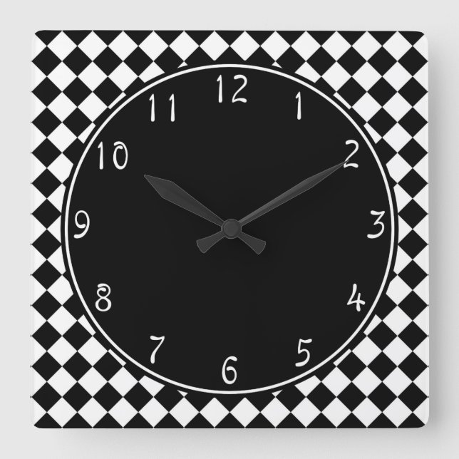 black circle on white chequerboard pattern square wall clock (Front)