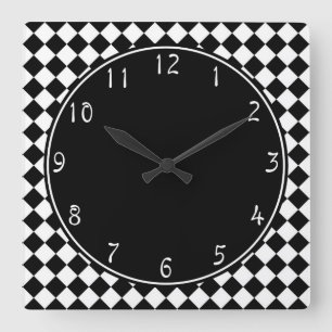 black circle on white chequerboard pattern square wall clock